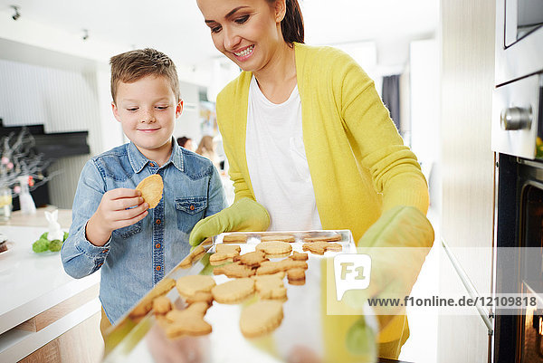 Boy pinching easter biscuit from mother's baking tray in kitchen