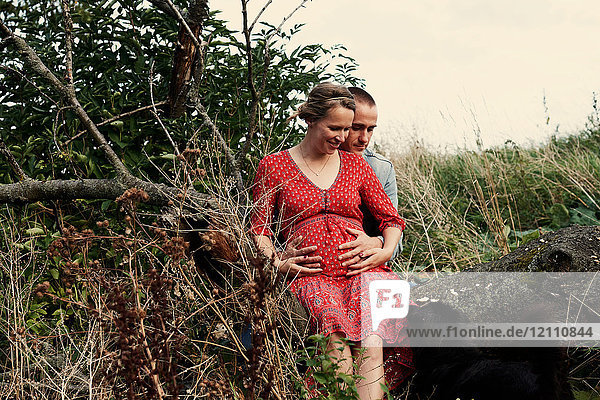 Romantic mid adult pregnant couple sitting on tree trunk