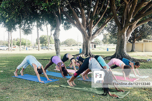 Schulmädchen beim Üben von Yoga nach unten gerichteter Hundehaltung auf dem Schulsportplatz