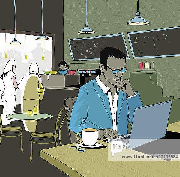 Geschäftsmann arbeitet in einem Café mit Laptop