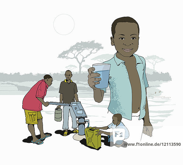 Junge mit einem Glas sauberen Trinkwassers aus einer Pumpe in Afrika
