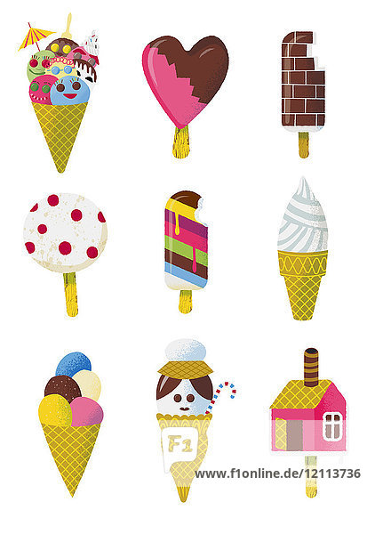 Rows of different ice lollies and ice cream cones