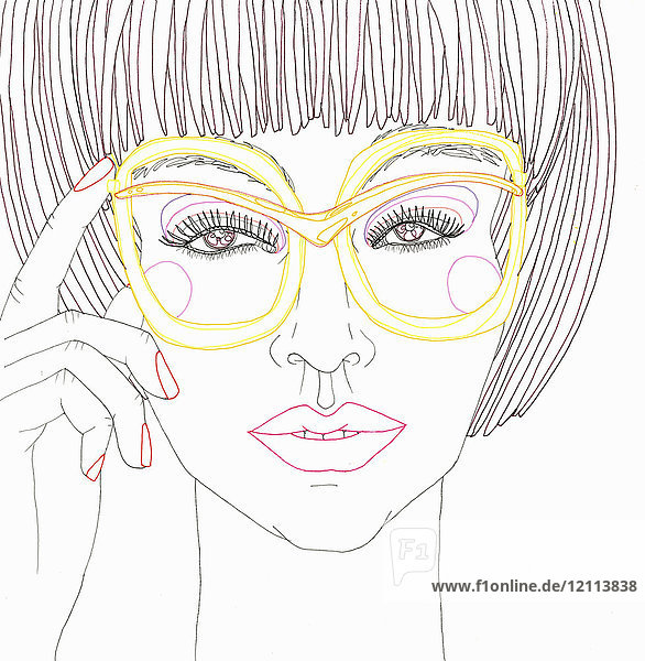 Nahaufnahme einer jungen Frau mit flippiger gelber Brille