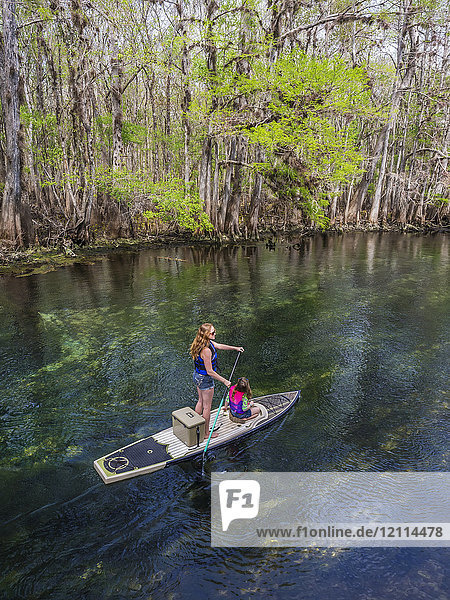 A mother and daughter paddleboard down the stream of freshwater spring; Chiefland  Florida  United States of America
