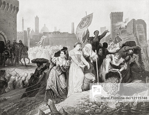 Die Frauen von Siena  Italien  helfen bei der Verteidigung ihrer Stadt gegen Cosimo I. de' Medici und die spanischen Truppen von Karl V.  1555. Aus Hutchinson's History of the Nations  veröffentlicht 1915.