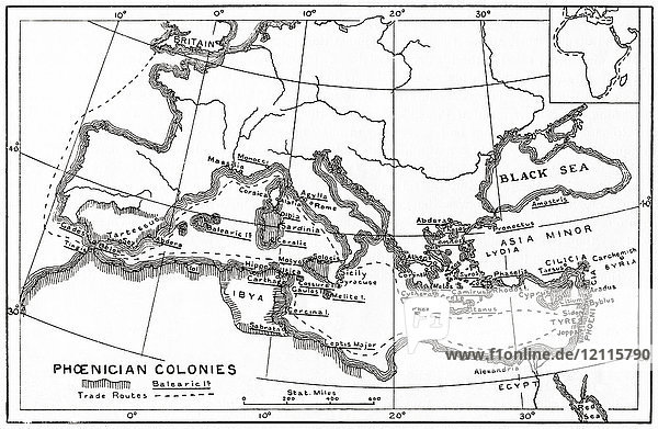 Map of the Phoenincian colonies and its Mediterranean trade routes  1500 – 539 BC. From Hutchinson's History of the Nations  published 1915.