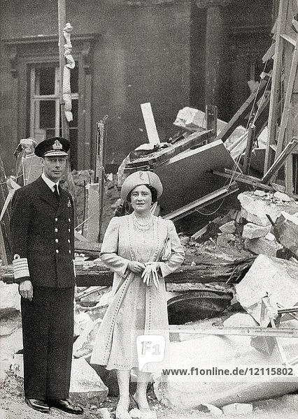 King George VI and Queen Elizabeth outside Buckingham Palace which suffered bomb damage on 13 September 1940  during WWII. George VI  1895 – 1952. King of the United Kingdom and the Dominions of the British Commonwealth. Queen Elizabeth  The Queen Mother. Elizabeth Angela Marguerite Bowes-Lyon  1900 – 2002. Wife of King George VI and mother of Queen Elizabeth II.