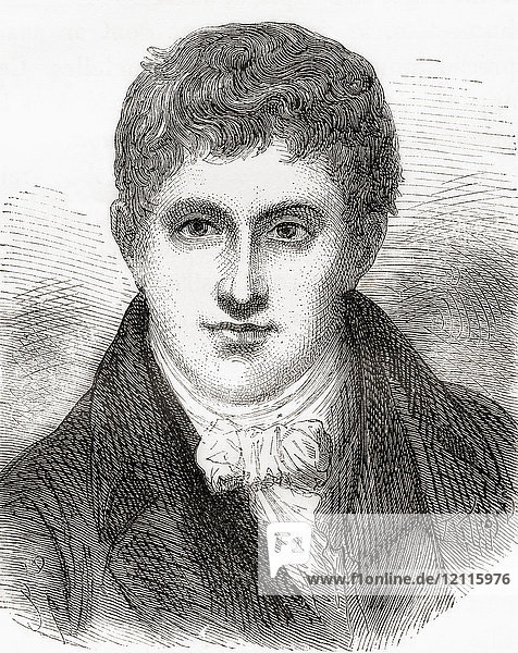 Sir Humphry Davy  1. Baronet  1778 - 1829. Chemiker und Erfinder aus Cornwall. Aus Les Merveilles de la Science  veröffentlicht 1870.