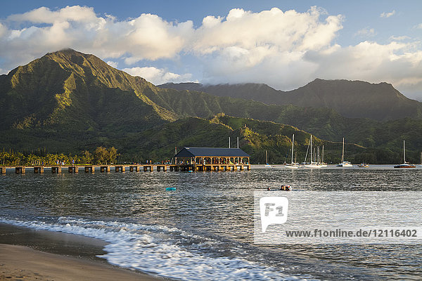 Hanalei Pier  bay and valley; Hanalei  Kauai  Hawaii  United States of America