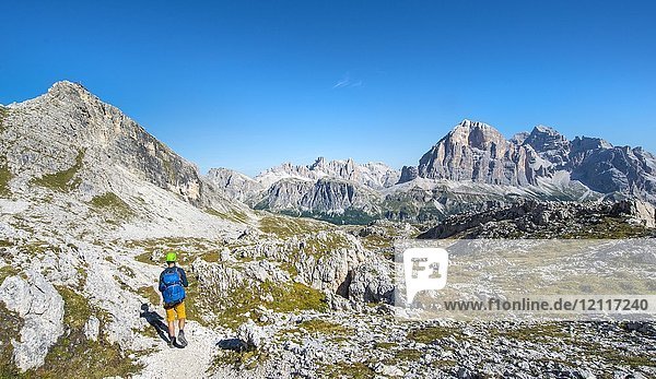 Hiker with climbing helmet on footpath to the Nuvolau  view of the Nuvolau summit and mountain range Tofane  Dolomites  South Tyrol  Trentino-Alto Adige  Italy  Europe