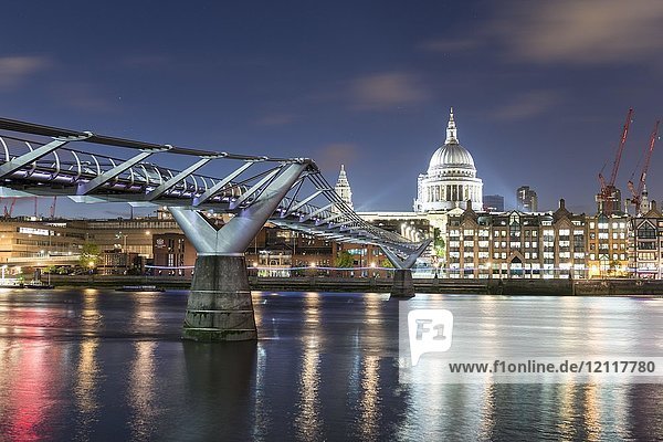 Millenium Bridge and St Paul's Cathedral by night  London  England  Great Britain