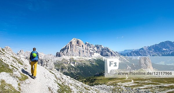 Walker on footpath to the Nuvolau  view of the mountain range Tofane  Dolomites  South Tyrol  Trentino-Alto Adige  Italy  Europe