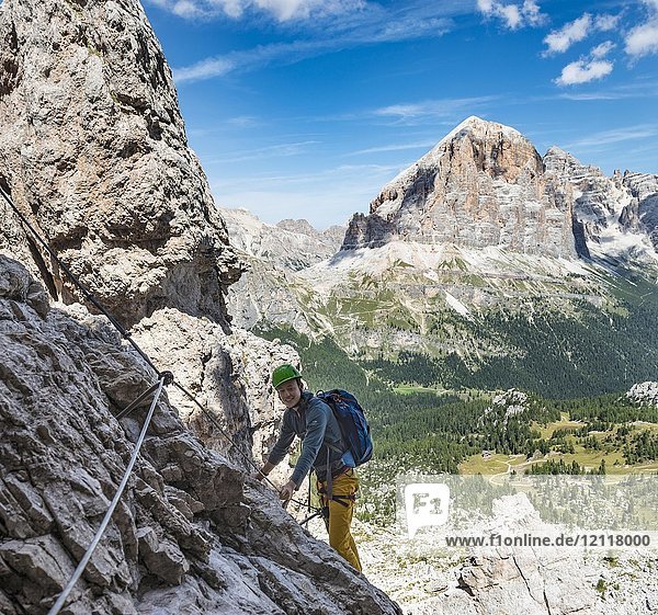 Climbing route via Ferrata Averau  at the back Tofane  Dolomites  South Tyrol  Trentino-Alto Adige  Italy  Europe