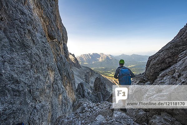 Hiker in the Santner via ferrata  rose garden group  view of the Latemar Group  Dolomites  South Tyrol  Trentino-Alto Adige  Italy  Europe