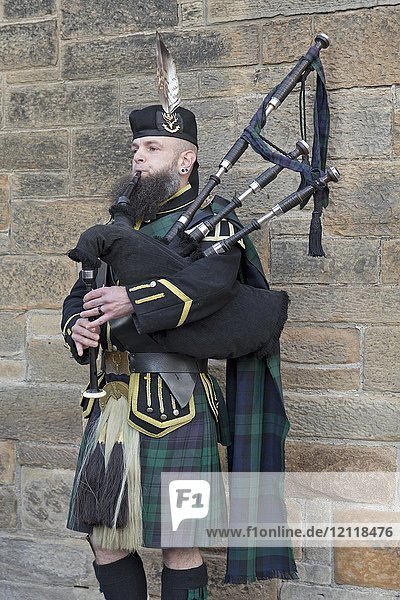 Bagpipe player  Castle Hill  Edinburgh  Scotland  Great Britain