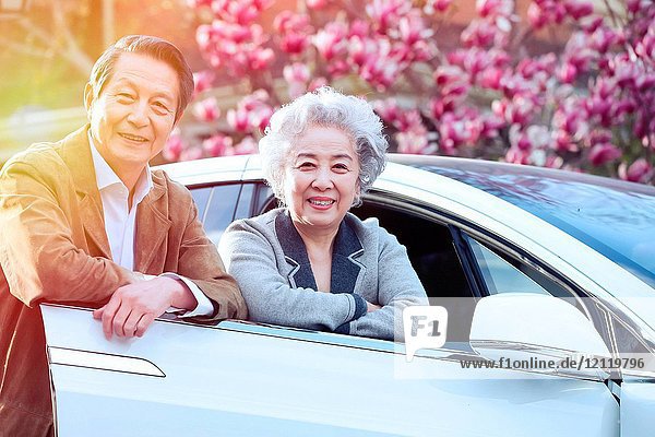 The old couple stood by the car