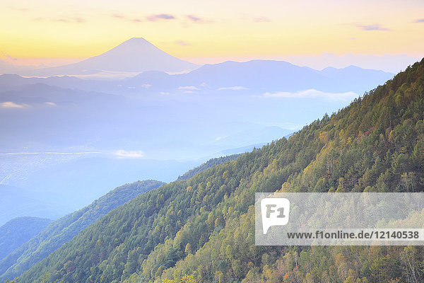 Beautiful view of Mount Fuji and autumn leaves Yamanashi Prefecture Japan