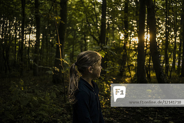 Mädchen im Wald bei Sonnenuntergang