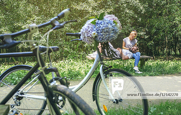 Couple in love having a break from a bike trip