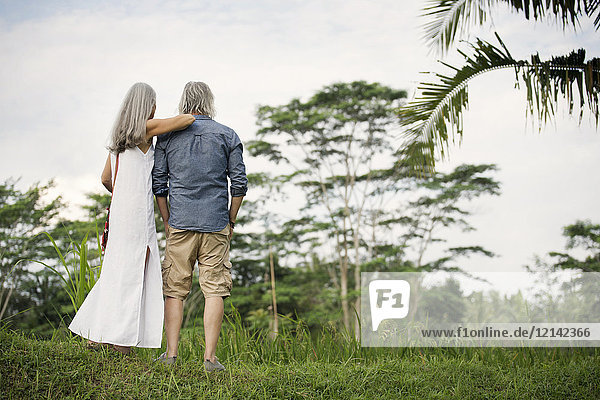Seniorenpaar mit Blick auf die tropische Landschaft