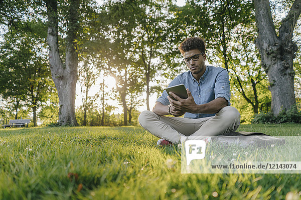 Junger Mann sitzend im Park mit mobilem Gerät