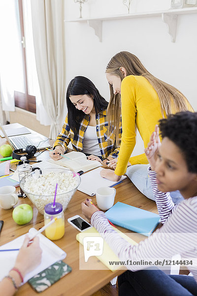 Group of female students working together at table at home