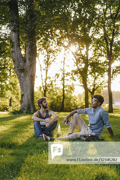 Two friends sitting in a park with mobile device and papers