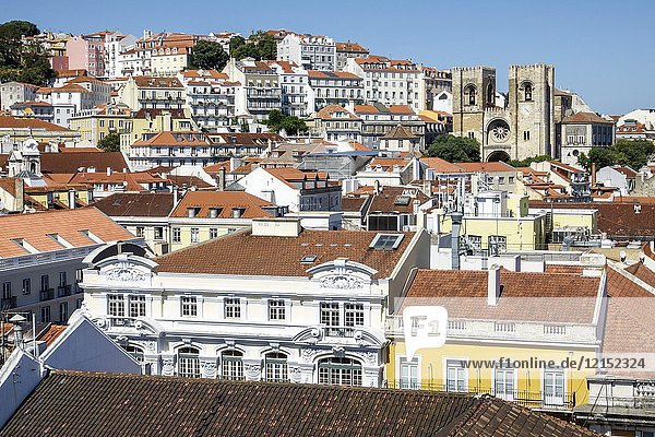 Portugal  Lisbon  Baixa  Chiado  historic center  overhead  aerial  view  panoramic  city skyline  rooftops  red barrel tile  buildings  cathedral  Portuguese Europe European Hispanic
