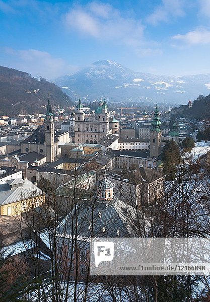 Salzburg skyline in winter snow. Austria.