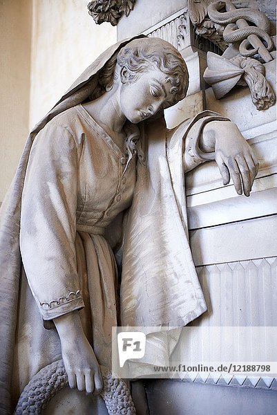 Picture and image of a mourning women stone sculpture in the realistic borgeois style. The tomb of the Stefano family Tsculpted by by G Benetti 1877. The monumental tombs of the Staglieno Monumental Cemetery  Genoa  Italy.