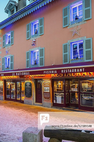 Restaurant and snow  Chamonix Mont Blanc  Auvergne-Rhône-Alpes  department of Upper Savoy. France Europe.
