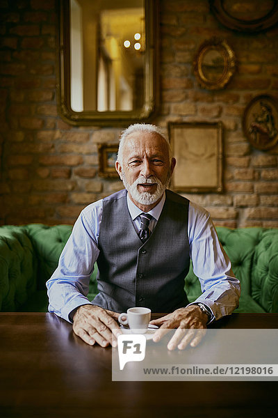 Porträt eines eleganten älteren Mannes auf der Couch in einem Café