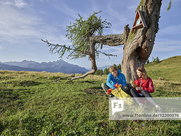 Austria  Tyrol  Mieming Plateau  hikers having a break on alpine meadow