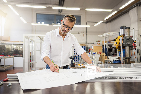 Mature businessman in factory working on plan