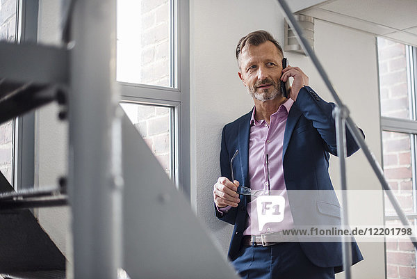 Mature businessman on cell phone at the window