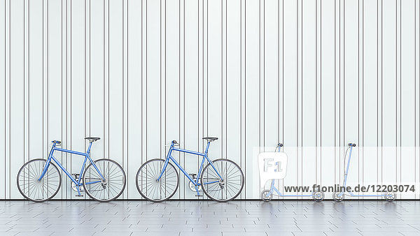 Fahrräder und Roller  die sich an eine Wand lehnen  3D-Rendering