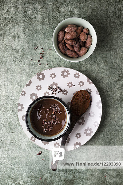 Tasse Schokoladenpudding mit Kakao  Kakaonibs und Kakaobohnen