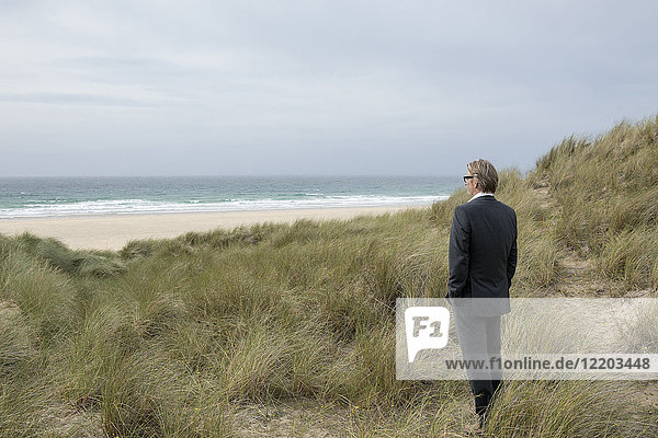 UK  Cornwall  Hayle  businessman standing in beach dunes looking at view