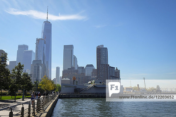 USA  New York City  pier at Hudson River with One World Trade Center in background
