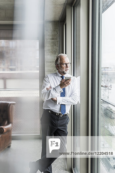 Mature businessman standing at the window holding cell phone