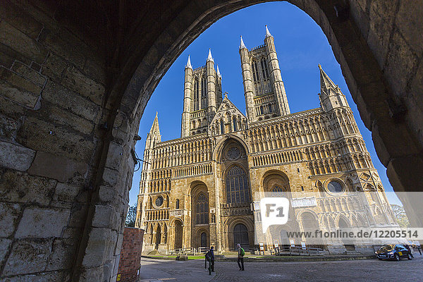 Lincoln Cathedral viewed through archway of Exchequer Gate  Lincoln  Lincolnshire  England  United Kingdom  Europe