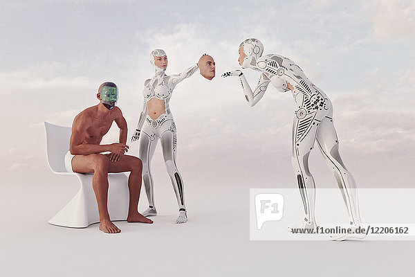 Futuristic woman removing face of robot man revealing circuits
