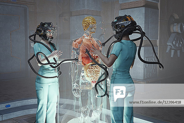 Doctors with robotic arms on helmet treating transparent patient