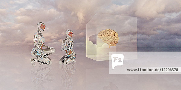 Women robots crouching near brain in cube