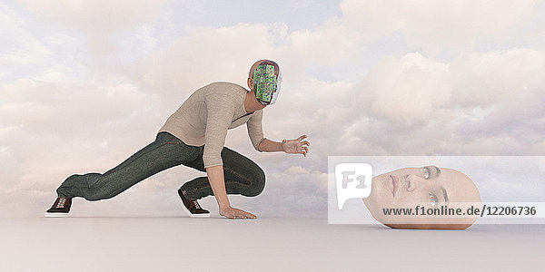 Robotermann auf der Suche nach abnehmbarer Gesichtsmaske