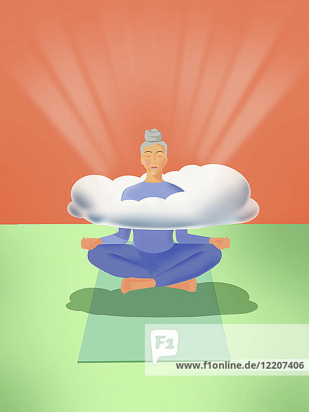 Woman levitating practising yoga with head in the clouds