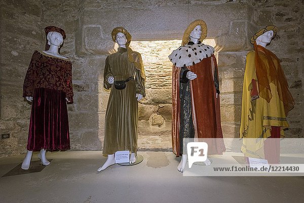 Costumes Exhibition inside of the Suscinio Castle  Sarzeau  Rhuys Peninsula  Arrondissement of Vannes  Morbihan Department  Brittany Region  France  Europe.