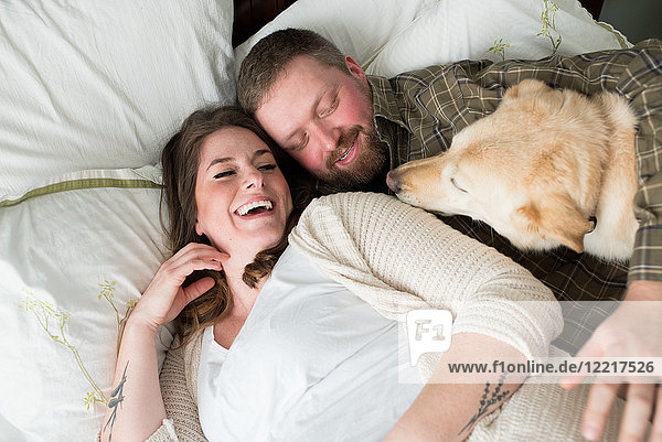 Schwangere Frau liegt mit Partner im Bett  Hund liegt neben ihnen im Bett  erhöhte Ansicht