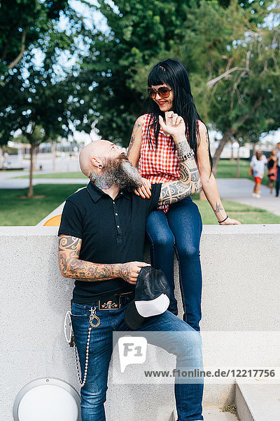 Romantic hipster couple in park  Valencia  Spain