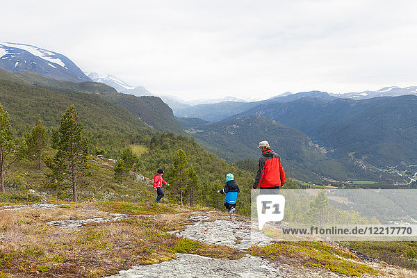 Mann mit Söhnen beim Wandern in der Berglandschaft  Rückansicht  Jotunheimen-Nationalpark  Lom  Oppland  Norwegen
